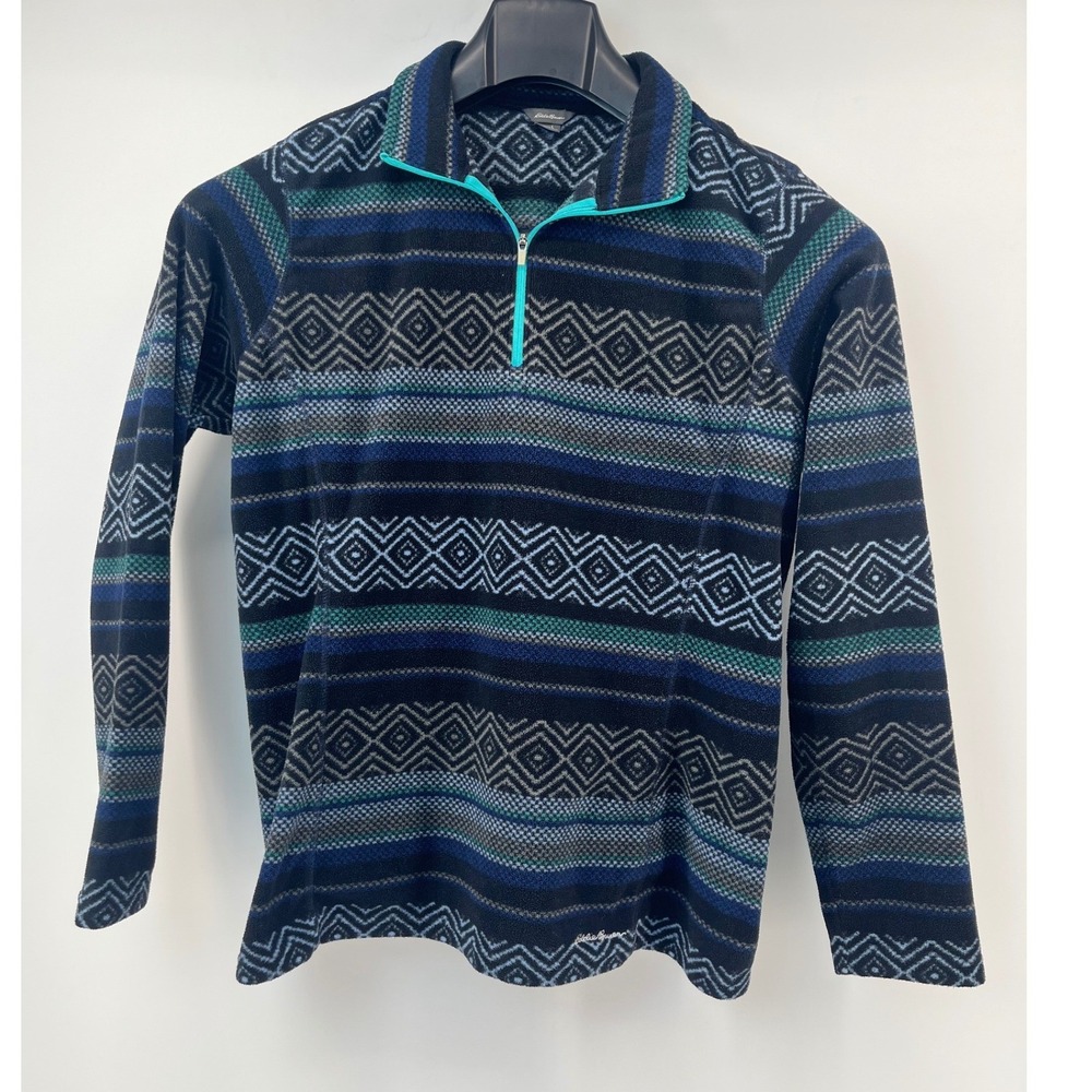 Eddie Bauer Fleece Pullover Womens L Blue Geometric Fair Isle Quarter Zip Top